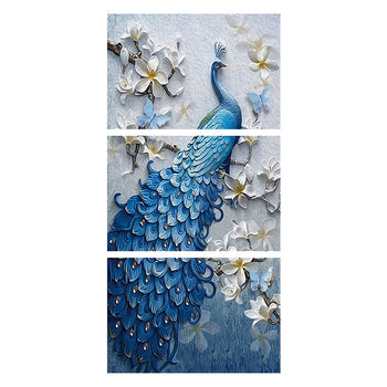 Tableau de Décoration Paon Bleu Animaux Oiseau Triptyque Bleu et Blanc
