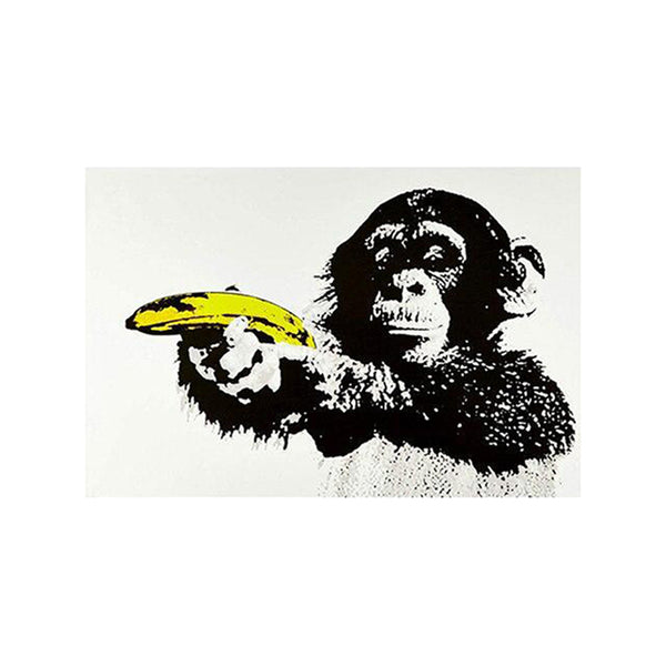 Tableau de Décoration Singe Banane Style Street Art Format Paysage Jaune et Noir