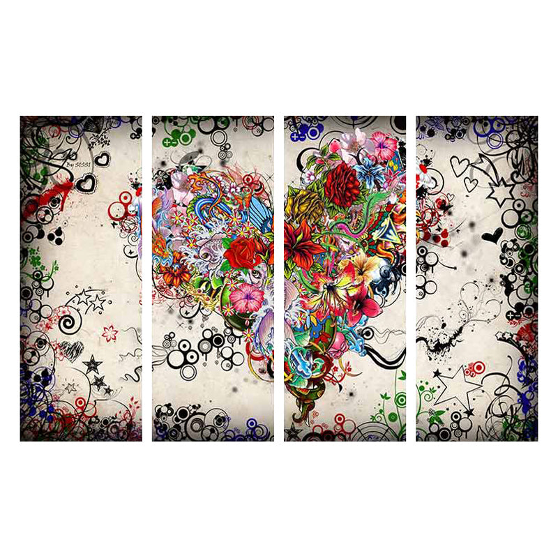 Tableau de Décoration Cœur Fleurs Style Romantique Quadriptyque Multicolore