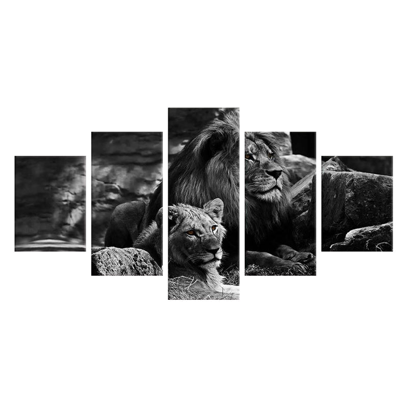 Tableau de Décoration Lion et Lionne Animaux Quintyque Noir et Blanc