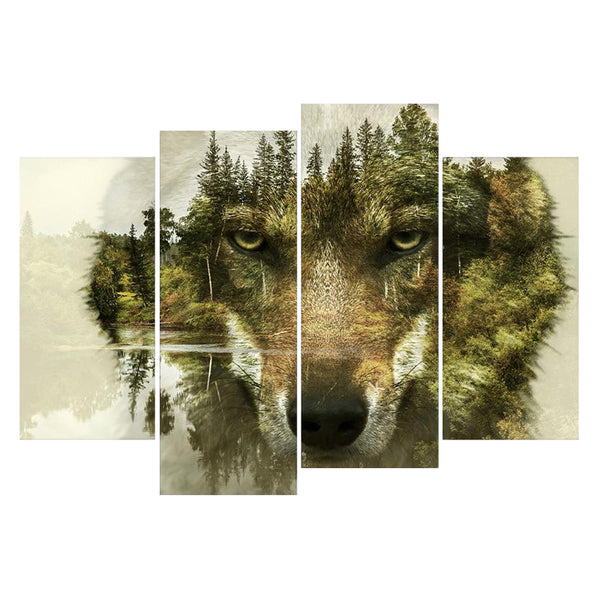 Tableau de Décoration Loup sur Fond Forêt Animaux Quadriptyque Vert