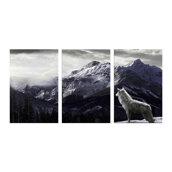 Tableau de Décoration Loup à la Montagne Animaux Triptyque Noir et Blanc