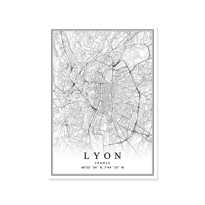 Tableau de Décoration Plan Ville Lyon Monde Portrait Noir et Blanc