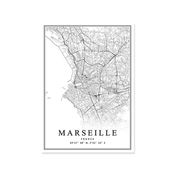 Tableau de Décoration Plan Ville Marseille Monde Portrait Noir et Blanc