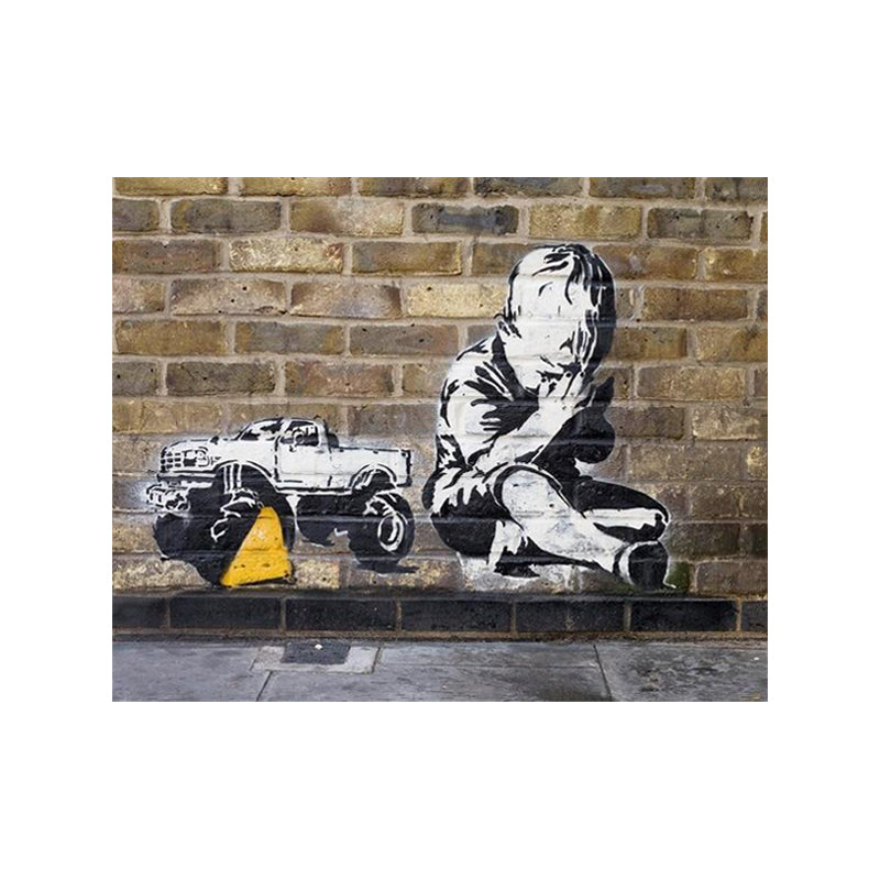 Tableau bois banksy street art garçon avec marteau Couleur noir et