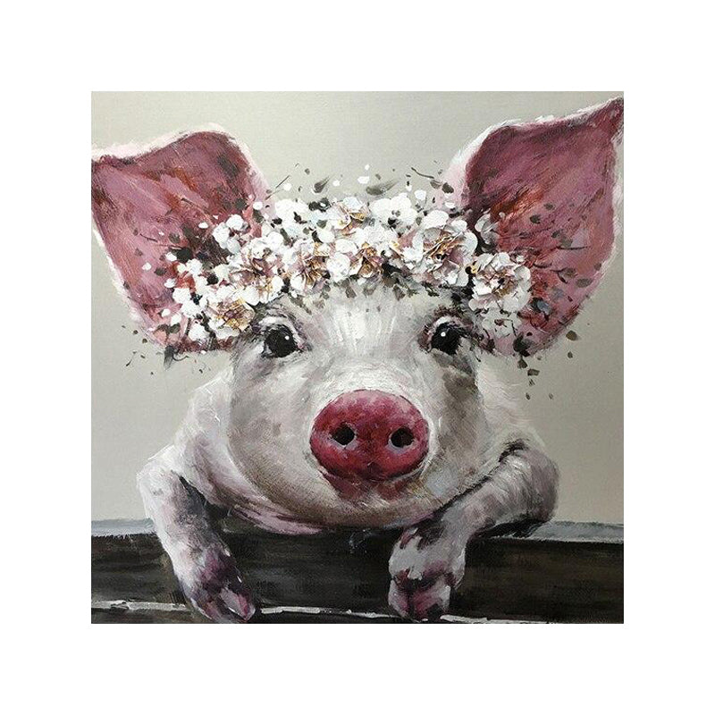 Tableau de Décoration Tête de Cochon Animaux Portrait Carré Rose et Blanc